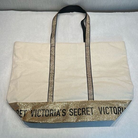 Victoria's Secret VS Canvas Tote Bag Metallic Glitter Gold Spellout Zip Top - Picture 3 of 7